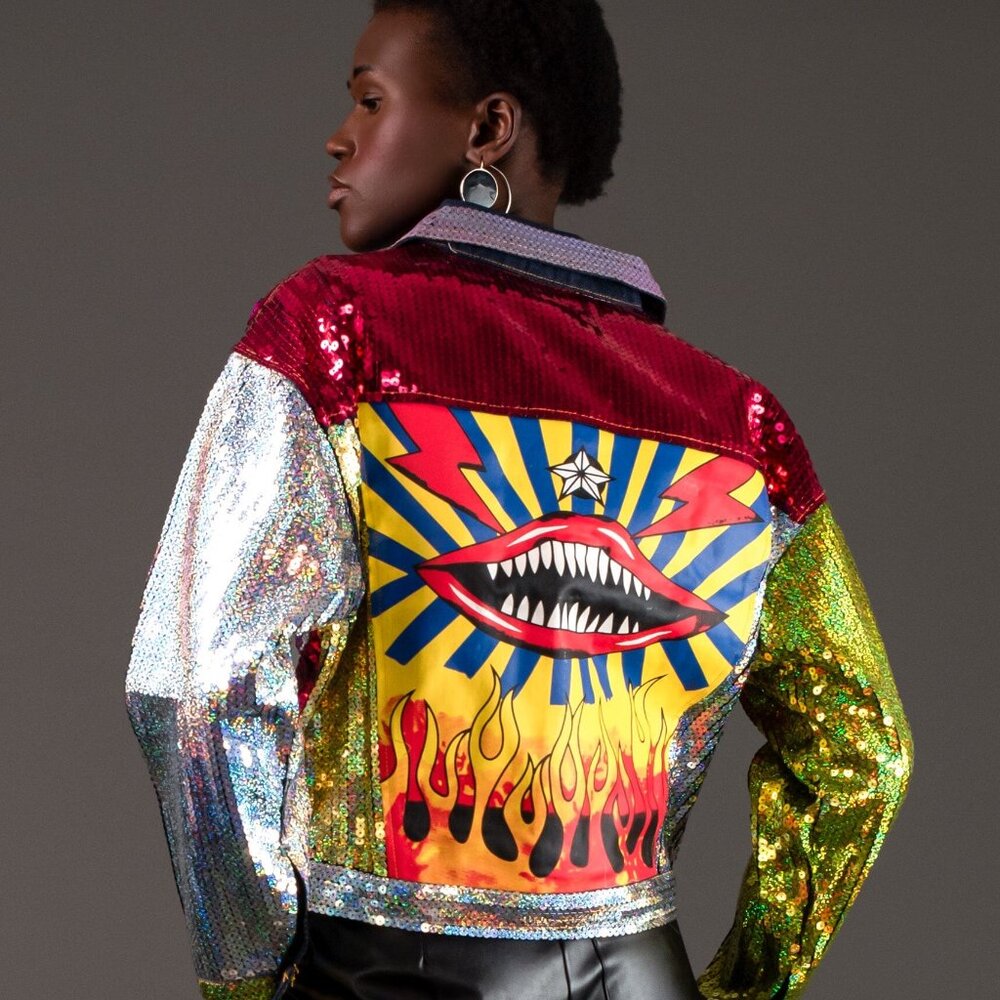 Kate Hewko Multi Color Sequin Jacket Mouth Flames Lips One Size NWT Brand New